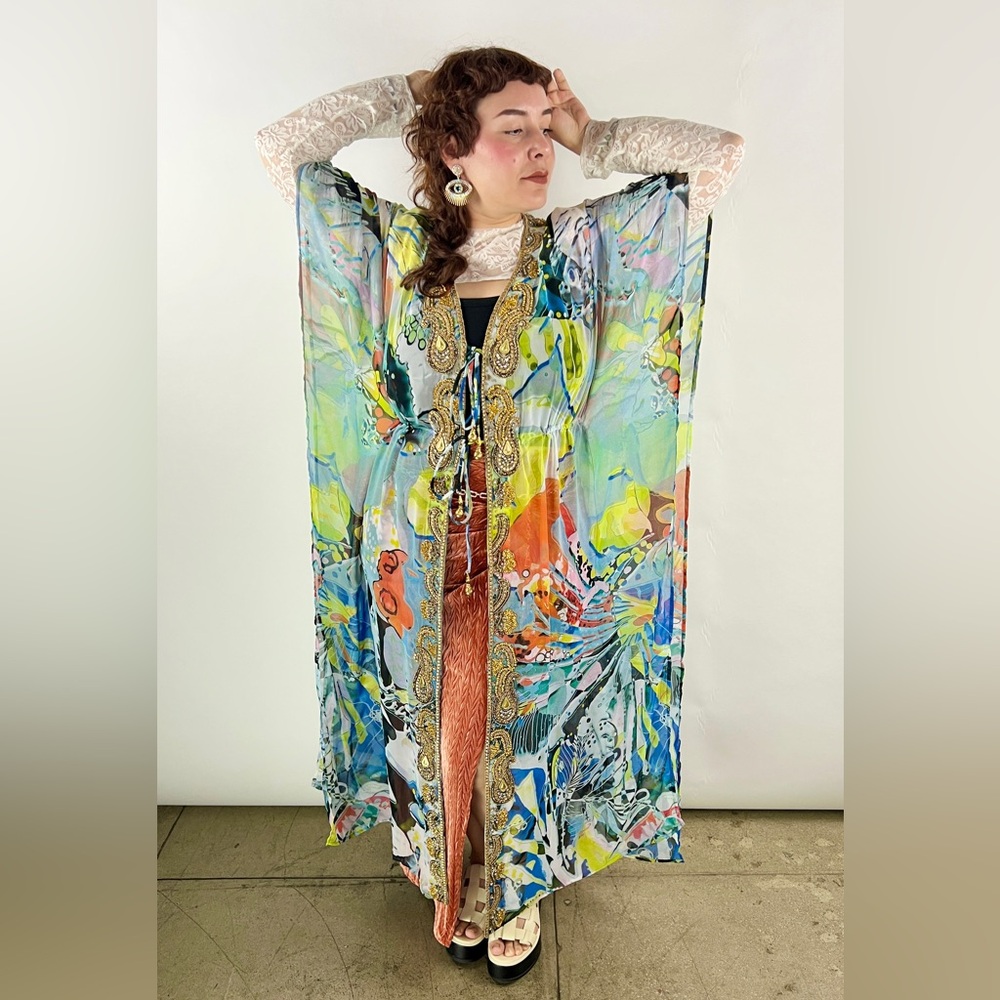 417B- WHITE MULTI. Hand Beaded Detail Tie Front Kimono
